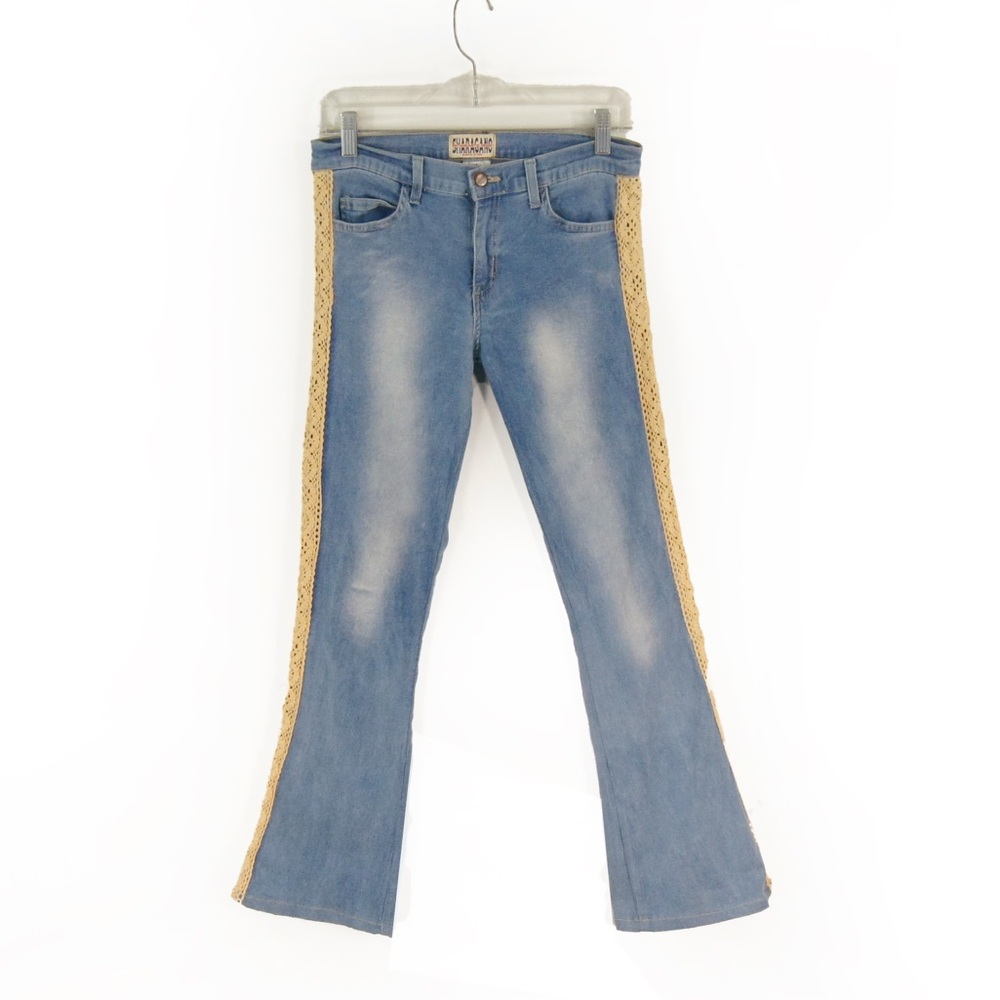 Vintage 90s Y2K Sheragamo Paris Stone Wash Lace Crochet Side Flare Denim Jeans